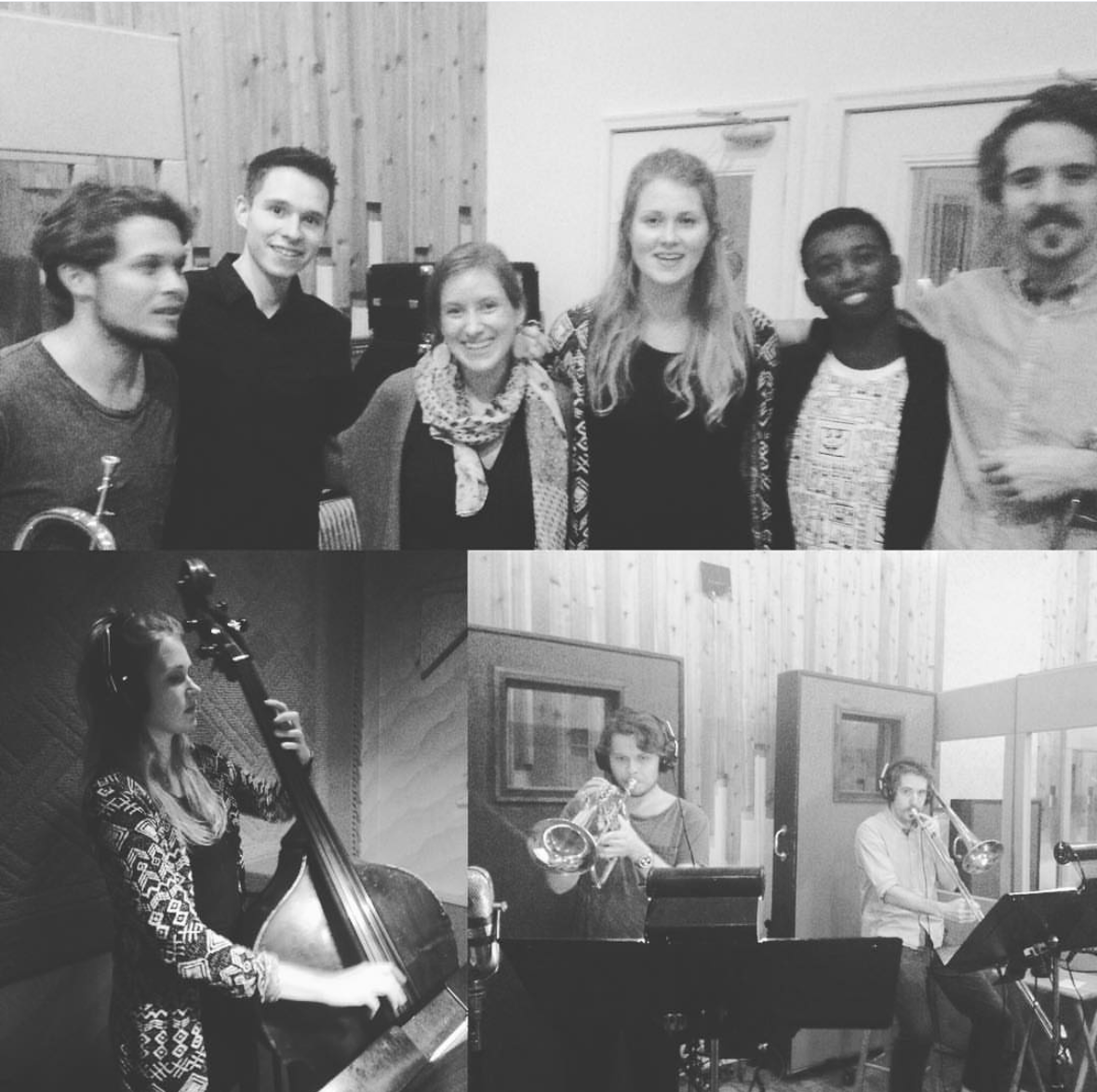 Sara Decker and musicians at Systems Two recording studio in Brooklyn, with scenes from the session